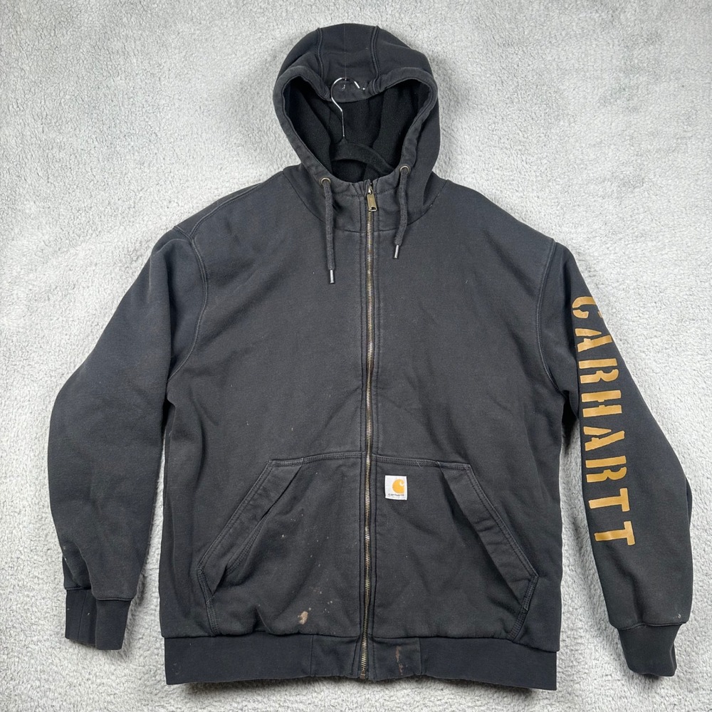 Carhartt Men L Rain Defender Loose Fit Fleece Lined Full Zip Hoodie Jacket Black